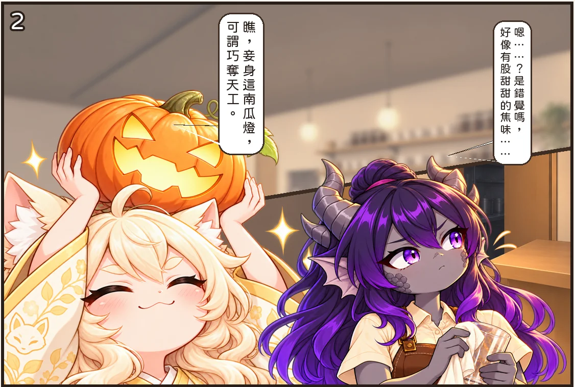 第 2 格:詩乃捧起刻好的南瓜燈,紫苑好像聞到了焦味。